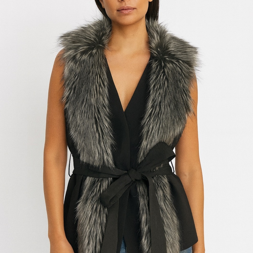 Bisou Bisou Black and Gray Faux Fur Vest